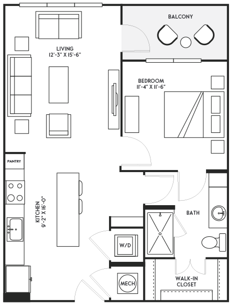 Floor plan for 1 bed, 1 bath, 746 sqft